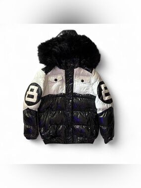 Kids Black & White 8Ball Puffer with Faux Fur Hood